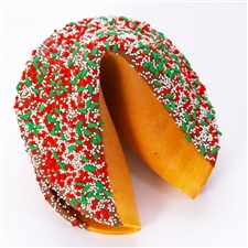 Gigantic fortune cookie chocolate covered with festive green and red candy sprinkles. A unique edible gift just in time for Christmas.
