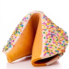 Gigantic fortune cookie chocolate covered with cute pastel confetti sprinkles. A giant fortune cookie classic with your foot long message inside.