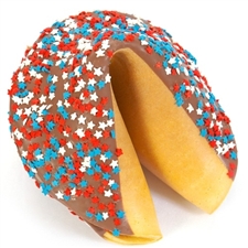 A patriotic edible gift, this gigantic fortune cookie is chocolate covered and decorated with red white and blue stars, your foot long fortune is included!