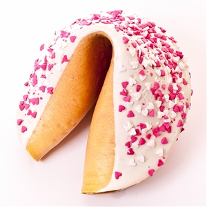 A beautiful gigantic fortune cookie chocolate covered and decorated for Valentine's Day or any day with pink and white hearts. Your fortune cookie message included!