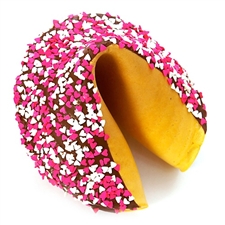 A beautiful gigantic fortune cookie dipped in sensual dark chocolate and decorated for Valentine's Day or any day with pink and white hearts. Your fortune cookie message included!