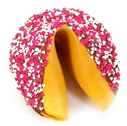 A beautiful gigantic fortune cookie dipped in dark chocolate and decorated for mother's Day or any day with pink and white hearts. Your fortune cookie message included!