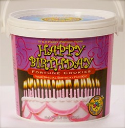 Festive birthday wishes celebration pail filled with 25 fortune cookies, each with it's own birthday fortune inside.