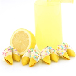 Lemon Flavored Fortune Cookie Chocolate Covered with Your choice of Sprinkles and free Custom Messages.