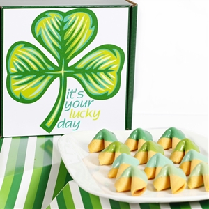 This Lucky Day Ombre gift box of chocolate covered fortune cookies is the perfect St. Patrick's Day gift for anyone Irish at heart.