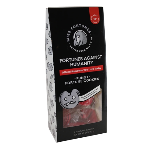 One dozen red vanilla fortune cookies in a gift bag containing fortunes against humanity.