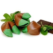 Mint flavored fortune cookies make an even more refreshing treat when you have them covered in rich belgian chocolate. Gourmet fortune cookies just got better! Custom fortunes included in each order.