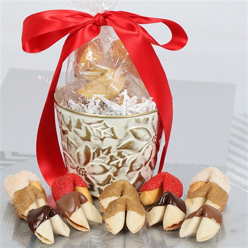Chocolate covered fortune cookies. Each cookie is individually wrapped with Holiday messages of good cheer or a traditional good luck fortune.
