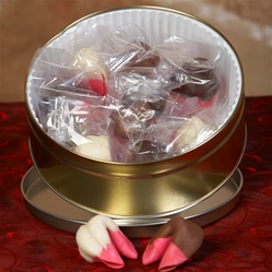 Fortune cookie gift in a pretty pink raspberry chocolate covered fortune cookies.