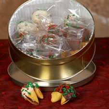 Traditional fortune cookies dipped in assorted chocolates with Christmas sprinkles.