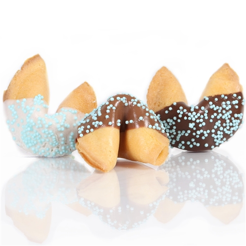 Traditional vanilla fortune cookies chocolate covered with pastel candy dot sprinkles! Also choose from milk and white chocolate.