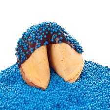 Custom fortune cookies in traditional vanilla flavor hand-dipped in your choice of milk, white or dark chocolate. Each fortune cookie is sprinkled with blue sprinkles.