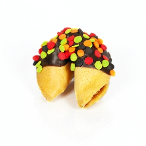 Traditional Vanilla Fortune Cookies covered in milk, white and dark chocolate with fun fallfetti!