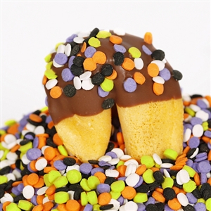 Traditional Vanilla Fortune Cookies covered in milk, white and dark chocolate with fun fallfetti!