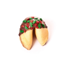 Traditional vanilla fortune cookies covered in dark chocolate with candy sprinkles shaped liked holly leaves and berries. Also choose from milk and white chocolate.