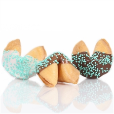 Traditional vanilla fortune cookies chocolate covered with pastel candy dot sprinkles! Also choose from milk and white chocolate.