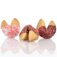 Traditional vanilla fortune cookies chocolate covered with pastel candy dots sprinkles! Also choose from milk and white chocolate.
