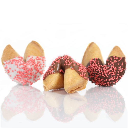 Traditional vanilla fortune cookies chocolate covered with pastel candy dots sprinkles! Also choose from milk and white chocolate.