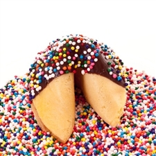 Custom fortune cookies in traditional vanilla flavor hand-dipped in your choice of milk, white or dark chocolate. Each fortune cookie is sprinkled with Rainbow sprinkles.