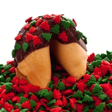 Traditional vanilla fortune cookies covered in dark chocolate with Christmas tree sprinkles. Also choose from milk and white chocolate.