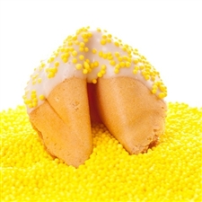 Custom fortune cookies in traditional vanilla flavor hand-dipped in your choice of milk, white or dark chocolate. Each fortune cookie is sprinkled with yellow sprinkles.