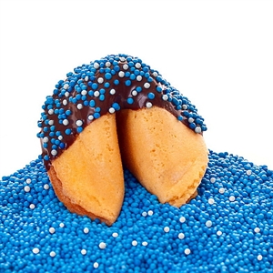 Traditional vanilla fortune cookies covered in dark chocolate with blue and white Hanukkah sprinkles. Also choose from milk and white chocolate.