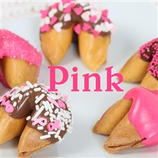 Fortune Cookies with messages for Breast Cancer Awareness Month. These gourmet fortune cookies are dipped in milk, white and dark chocolate then sprinkled with mini hearts of love and other pink sprinkles.