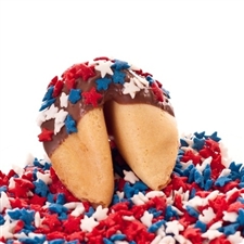 Chocolate covered fortune cookies, decorated for the Fourth of July with Red, White and Blue Stars.