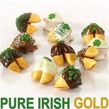 Fortune Cookies with messages for St Patrick's Day. These gourmet fortune cookies are dipped in milk, white and dark chocolate then sprinkled with luck and shamrocks.