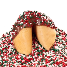 Traditional vanilla fortune cookies covered in dark chocolate with red, green and white candy sprinkles. Also choose from milk and white chocolate.