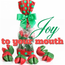 A classy french cello bag covered in holly containing 6 strawberry and green mint fortune cookies are all decked out in holiday bling. Each one hand dipped in white Belgian chocolate.