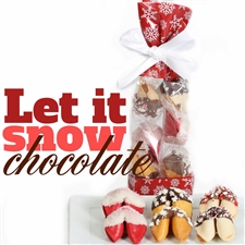 A classy french cello bag covered in holly containing 6 fortune cookies, hand-dipped in assorted chocolates and decorated with holiday sprinkles and crushed peppermint. Flavors include strawberry, coconut and classic vanilla.