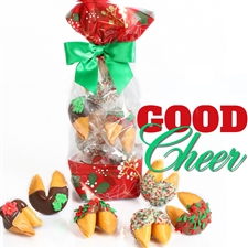 A classy french cello bag covered in holly containing 6 vanilla flavored chocolate covered fortune cookies. Each one hand dipped in Belgian chocolates.