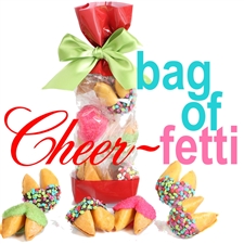 A classy french cello bag covered in holly containing 6 vanilla flavored chocolate covered fortune cookies. Each one hand dipped in Belgian chocolates.