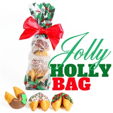 A classy french cello bag covered in holly containing 3 vanilla flavored chocolate covered fortune cookies. Each one hand dipped in Belgian chocolates.