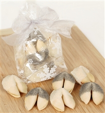 A classy french cello bag covered in snowflakes containing 6 winter mint chocolate covered fortune cookies. Each one hand dipped in Belgian chocolates.
