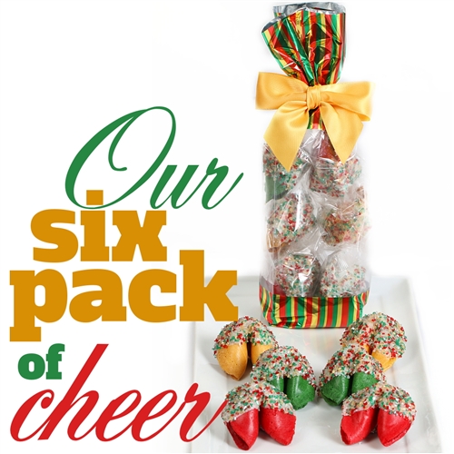 A classy french cello bag covered in festive stripes containing 6 assorted chocolate covered fortune cookies. Each one hand dipped in Belgian chocolates.