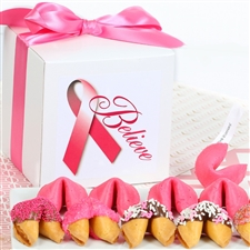 Fortune Cookies with messages for Breast Cancer Awareness Month. These gourmet fortune cookies are dipped in milk, white and dark chocolate then sprinkled with mini hearts of love and other pink sprinkles.