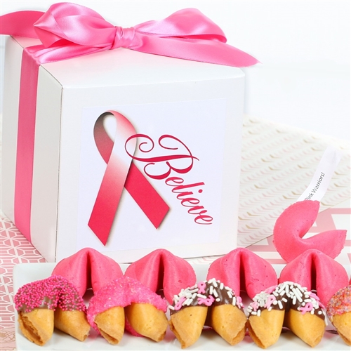 Fortune Cookies with messages for Breast Cancer Awareness Month. These gourmet fortune cookies are dipped in milk, white and dark chocolate then sprinkled with mini hearts of love and other pink sprinkles.