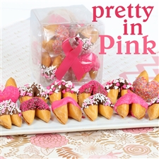 Fortune Cookies with messages for Breast Cancer Awareness Month. These gourmet fortune cookies are dipped in milk, white and dark chocolate then sprinkled with mini hearts of love and other pink sprinkles.