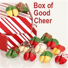 Chocolate covered fortune cookies in assorted rainbow flavors and colors. Each cookie is individually wrapped with Holiday messages of good fortune and good cheer or a traditional good luck fortune.