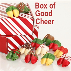 Chocolate covered fortune cookies in assorted rainbow flavors and colors. Each cookie is individually wrapped with Holiday messages of good fortune and good cheer or a traditional good luck fortune.