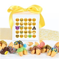 Gourmet chocolate covered fortune cookies in a custom emoji gift box. Each cookie contains our most fun fortunes yet!