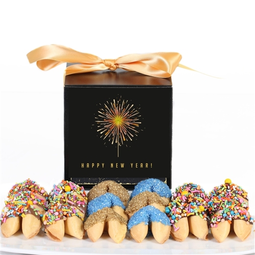 Chocolate covered fortune cookies. Each cookie is individually wrapped with messages of good cheer and good fortune in the new year.