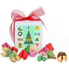 Mint and cherry flavored fortune cookies dipped in assorted chocolates with Christmas sprinkles.