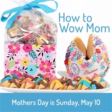 24 chocolate dipped and decorated fortune cookies filled with Mother's Day fortunes and a Giant fortune cookie with Mom's name on it and your custom fortune inside.