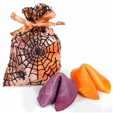 One Orange and one Fruit Punch flavored fortune cookie inside a spooky web organza bag. Each cookie has a Halloween fortune inside.