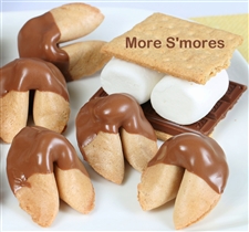 S'more fortune cookies, graham cracker cookies dipped in marshmallow fluff and milk chocolate.