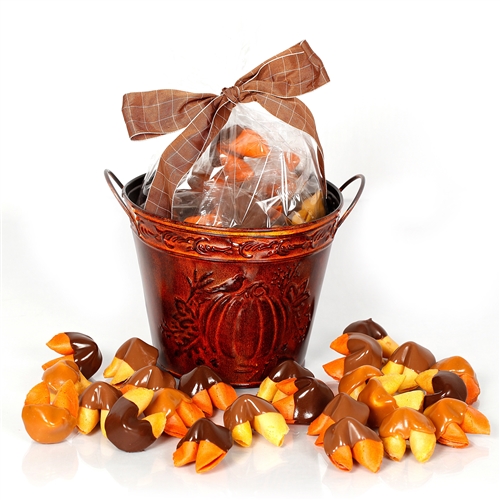 Bring in the autumn with with this warm gift of two dozen fortune cookies. Each chocolate covered fortune cookie contains a message of good luck and thankfulness.