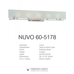 NUVO 60-5178 Lynne 5-Light Polished Nickel Halogen Vanity Light Fixture with Frosted Glass